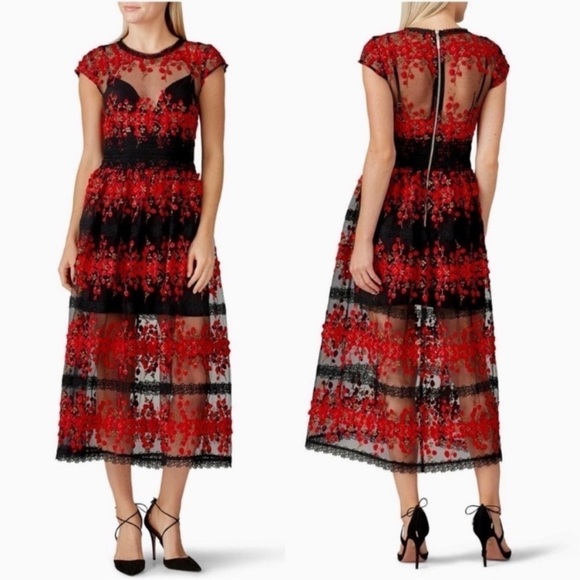 Bronx And Banco Gloria Midi Black Mesh in Red Floral Embroidery Dress - Picture 1 of 6